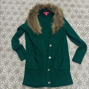 Lilly Pulitzer Emerald Cardigan with Faux Fur Trim